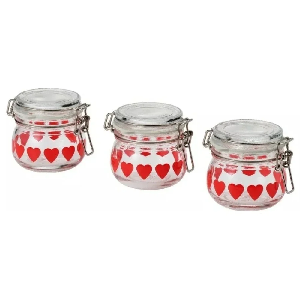 IKEA VINTER 2018 Glass Red Heart 3 Pack Jars‎ Jar Airtight lid 4oz Preserves NEW